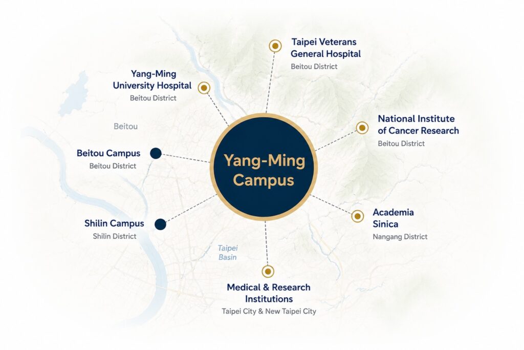 Strategically located in Taipei’s Shipai District, Yang-Ming Campus grew alongside leading hospitals and research institutions, forming one of Taiwan’s earliest biomedical ecosystems.